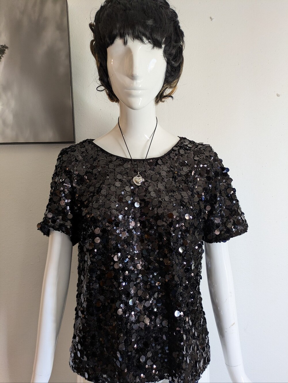 Nine West Black Sequin Short Sleeve Top with Bow Back
